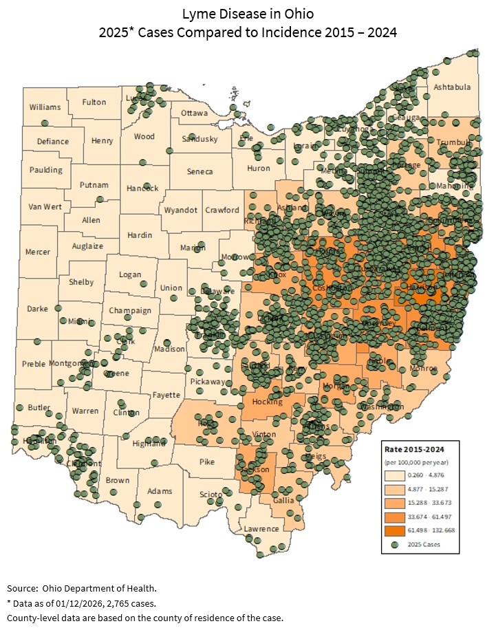 Lyme disease in Ohio map showing cases and county incidence